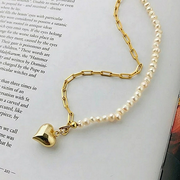 Jewelry - NEW 18K Gold Plated Real Baroque Pearl Chain Link Heart Pendant Choker Necklace